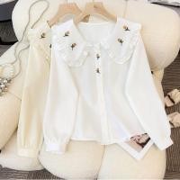 ราคา สไตล์เกาหลีผู้หญิงสุภาพสตรีหลวมตุ๊กตาเย็บปักถักร้อยดอกไม้เสื้อแขนยาวเสื้อ Baju Wanita Lengan Panjang (25833136712)