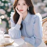 ราคา สไตล์เกาหลีผู้หญิงสุภาพสตรีหลวมชีฟองนัวเนียลูกไม้เสื้อแขนยาวเสื้อ (43901332240)