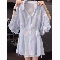 ราคา สไตล์เกาหลีผู้หญิงสุภาพสตรีเอวบางชีฟองดอกไม้เสื้อแขนสั้นเสื้อ (25894658499)