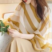 ราคา สไตล์เกาหลีผู้หญิงสุภาพสตรีหลวมชีฟองสีเหลืองแถบ3 4แขนเสื้อเสื้อ (44402744724)