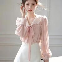 ราคา เสื้อแขนยาวสไตล์เกาหลีสำหรับผู้หญิง สีชมพู ชีฟองลูกไม้ สไตล์สบายๆ (44005654589)