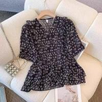 ราคา สไตล์เกาหลีผู้หญิงสุภาพสตรีหลวมชีฟองดอกไม้พิมพ์นัวเนียแขนสั้นเสื้อ (42405225332)