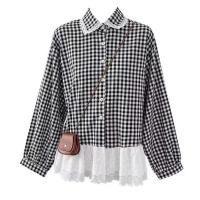 ราคา สไตล์เกาหลีผู้หญิงสุภาพสตรีหลวมลายสก๊อตลูกไม้เสื้อแขนยาวเสื้อ (29729073563)