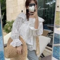 ราคา เกาหลีผู้หญิงแฟชั่นย้อนยุคหลวมแขนยาวลูกไม้สีขาวหนึ่งคําปกเสื้อท็อปส์ (26585160726)