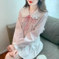 ราคา ลายทางสไตล์เกาหลีผู้หญิงสุภาพสตรีหลวมแขนยาวตุ๊กตาปกเสื้อเสื้อใหม่พร้อมสต็อก (25185797411)