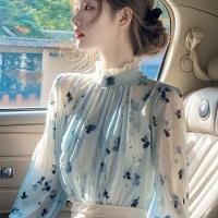 ราคา สไตล์เกาหลีผู้หญิงสุภาพสตรีหลวมชีฟองลูกไม้ดอกไม้คอปกสูงเสื้อแขนยาวเสื้อ (29832743537)