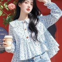 ราคา สไตล์เกาหลีผู้หญิงสุภาพสตรีหลวมตุ๊กตาปกดอกไม้พิมพ์เสื้อแขนยาวเสื้อ (29233688985)