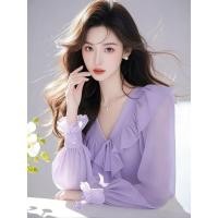 ราคา สไตล์เกาหลีผู้หญิงสุภาพสตรีหลวมคอวีชีฟองนัวเนียเสื้อแขนยาวเสื้อ (43252057827)