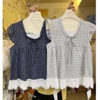 ราคา สไตล์เกาหลีสำหรับสุภาพสตรี ชุดสองชิ้นแบบลูกไม้ ลายสก็อต เสื้อลายสก็อตแขนสั้น (43202990993)