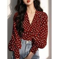 ราคา สไตล์เกาหลีสุภาพสตรีหลวม โวลต์ ลายจุดเสื้อแขนยาว (41853223802)