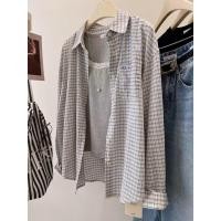 ราคา สไตล์เกาหลีผู้หญิงสุภาพสตรีหลวมถุงผ้าฝ้ายลายสก๊อตเสื้อแขนยาวเสื้อ (41401963829)