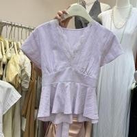 ราคา สไตล์เกาหลีผู้หญิงสุภาพสตรีเอวบางลูกไม้คอวีเสื้อแขนสั้นเสื้อ (40502456547)