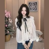 ราคา สไตล์เกาหลีผู้หญิงสุภาพสตรีชีฟองหลวมลายจุดปักเสื้อแขนยาวเสื้อ (40252765408)