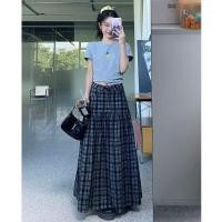 ราคา สไตล์เกาหลีผู้หญิงสุภาพสตรีเอวยางยืดย้อนยุคลายสก๊อตจีบกระโปรงยาว มิดิ ชุดพร้อมสต็อกใหม่ (40003030147)