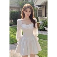ราคา สไตล์เกาหลีผู้หญิงสุภาพสตรีแขนยาวเอวบางสแควร์คอจีบพรรคชุดฤดูร้อนมินิเดรสพร้อมสต็อกใหม่ (29732255818)