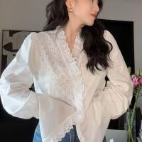 ราคา สไตล์เกาหลีผู้หญิงสุภาพสตรีหลวมวินเทจเย็บปักถักร้อยลูกไม้ โวลต์ คอเสื้อแขนยาวเสื้อ (29677464146)
