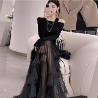 ราคา เดรสปาดไหล่ เดรสสาวอวบ ปาดไหล่ ชุดหรูหราสีดำไหล่เดียวพร้อมตาข่าย สำหรับฤดูใบไม้ผลิและใบไม้ร่วง (43926350063)