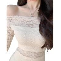 ราคา ชุดเดรสกระโปรง เปิดไหล่ข้างเดียว แต่งลูกไม้ สีขาว สไตล์ฝรั่งเศส (50151932277)