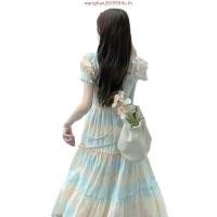 ราคา ชุดเดรสแขนสั้น คอสี่เหลี่ยม อเนกประสงค์ ความยาวปานกลาง สีรุ้ง สไตล์ฝรั่งเศส แฟชั่นฤดูร้อน สําหรับผู้หญิง (41426672627)