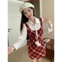 ราคา ปีใหม่คริสต์มาสสีแดงแฟชั่นย้อนยุคลายสก๊อตชุดผู้หญิงแคบ เอวซิป ผอมลง ดูปลอมสองชิ้นกระโปรง (44602076725)