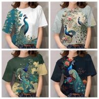 ราคา ที เชิ้ตผู้หญิงลายนกยูง สไตล์ฮาวาย เสื้อคอกลมแขนสั้น (29185007543)