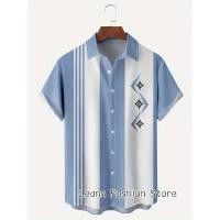 ราคา ผู้ชายฤดูร้อนเสื้อฮาวายแฟชั่นตัดกันเรขาคณิตลายเสื้อผ้าชายปกเสื้อฮาวายวันหยุดชายหาดเสื้อ (55951524947)