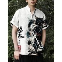 ราคา วินเทจเสื้อเชิ้ตสีขาวผู้ชาย แขนสั้น พิมพ์ลายหมึกศิลปะแมวดำและมังกร ในสไตล์ญี่ปุ่น (52451088246)