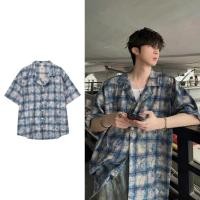 ราคา เสื้อเชิ้ตแขนสั้น สไตล์อเมริกันย้อนยุค ลายสก๊อตสีฟ้าทะเล (50151574734)
