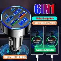 ราคา 6 In 1 Car Fast Charging Charger LED Digital Display Charger สําหรับ Power Outlets Port DC12 24V Mini Charge Adapter 2PD 4USB Multi Port Overcharge Protection (27043655013)