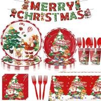 ราคา Merry Christmas Christmas Disposable Tableware ผ้าเช็ดปากต้นคริสต์มาส ธงคริสต์มาส แผ่นกระดาษ ถ้วยกระดาษ ทิชชู่ การ์ตูน Santa Claus Tableware Christmas Supplie (41418674306)