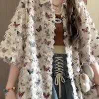 ราคา เสื้อเชิ้ตพิมพ์ลายดอกไม้สําหรับผู้หญิงเสื้อเชิ้ตแขนสั้นทรงหลวมพลัสไซส์สไตล์เกาหลี (44106689915)