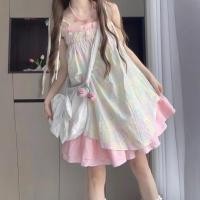 ราคา 2025 ฤดูร้อนใหม่ ลายพิมพ์สไตล์ญี่ปุ่น สีชมพูและสีม่วง แพทช์เวิร์ค วินเทจ หวาน สดชื่น ชุดเดรสสายเดี่ยว (42153318466)