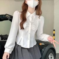 ราคา ชุดเสื้อเชิ้ตผู้หญิงสีพื้น สไตล์เกาหลี เสื้อเชิ้ตเอวสั้นแบบจีบ (44200525066)