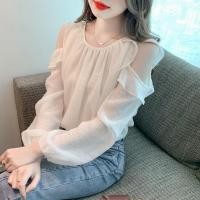 ราคา เสื้อเชิ้ตสีทึบผู้หญิงเวอร์ชั่นเกาหลี Ruffled Hollow Out เสื้อเชิ้ตแขนยาว (29838882250)