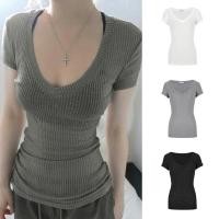 ราคา เสื้อยืดผู้หญิงสไตล์เกาหลี คอวี สีทึบ สลิมฟิต (25896114782)