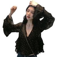 ราคา เสื้อคอวีสําหรับผู้หญิงเสื้อเชิ้ตแขนกระดิ่งทรงหลวมสไตล์เกาหลี (44406692322)