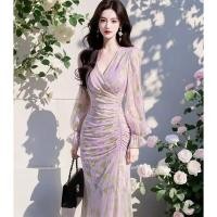 ราคา ชุดผ้าชีฟองลายดอกไม้ สีม่วง แขนยาว คอวีเอวสูง เหมาะสำหรับทุกวันและวันหยุดในฤดูร้อน (40268760646)