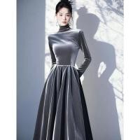 ราคา ชุดกํามะหยี่สีเทาหรูหรา คอสูง แขนยาวสำหรับผู้หญิง เหมาะสำหรับวันธรรมดาและงานเลี้ยงในฤดูใบไม้ร่วงและฤดูหนาว (42876235493)