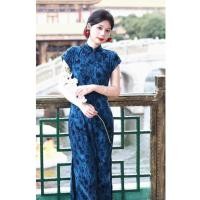ราคา กี่เพ้าชุดย้อนยุคแขนสั้น ทำจากผ้าแจ็คการ์ด พิมพ์ลายดอกไม้ สีฟ้า สวมใส่ง่ายในวันธรรมดา (29643620945)