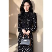ราคา Elegant Long Sleeve Wave Point Dress Women Fashion Wrap Dress (27793285838)