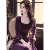 ราคา ชุดกำมะหยี่สีม่วงหรูหราแขนยาวสำหรับผู้หญิง สไตล์แฟชั่นในฤดูหนาวและใบไม้ร่วง (25846522365)