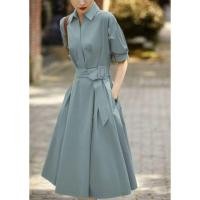 ราคา Elegant Plain Simple Shirt Dress Women Summer Short Sleeve Dress (25732660788)