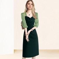 ราคา Elegant Square Neck Color Clash Dress ฤดูร้อนแขนสั้นแฟชั่นผู้หญิง Midi ชุดเดรสยาว (41355381242)