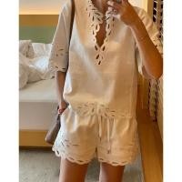 ราคา ? ? ? ? ? ? ? เข้าเพิ่ม พร้อมส่ง Lot5 bestseller เสื้อแขนสั้นปักฉลุ ผ้าลินิน มาพร้อมกางเกงขาสั้นปักฉลุ เอวสม๊อค (43760501531)