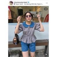 ราคา เสื้อแม่ชมมาเเล้วจ้าดีไซน์คอปกยีนส์น่ารักๆแขนพองชายระบาย ผ้าคอตตอลลินินลายริ้วสลับสี (42673009114)