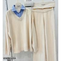 ราคา New Korea knitted polo shirt set Set2ชิ้นเสื้อนิตคอวีดีเทล แต่งเชิ้ตลายทางปก (42222587078)