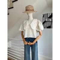 ราคา เสื้อครอปคอปกใหญ่ขอบหยัก น่ารักๆแขนพองบอลลูนกระดุมหน้าผ้าลายริ้วสลับสีสวยๆงานจริงสวยมากๆ (41923046966)