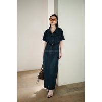 ราคา Set เสื้อครอปยีนส์แขนสั้นเชือกเอว กระโปรงยาว (41903162793)
