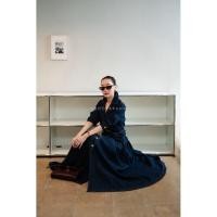 ราคา Maxi เดรสยีนส์แขนยาวเส้นหน้ากระดุมทอง เข็มขัดผ้า (41623748792)