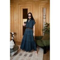 ราคา Maxi เดรสยีนส์แขนกุดสม็อคเอวชายระบาย เข็มขัดสาน (41275023988)